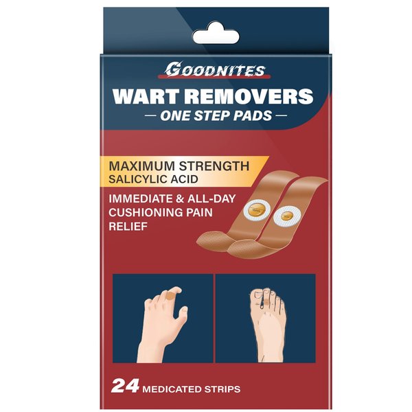 Goodnites Wart Remover Pads 24-Count, Maximum Strength 40% Salicylic Acid Plaster, 2 Sizes Core (6 mm & 10 mm) for Common & Plantar Warts, 1 Box