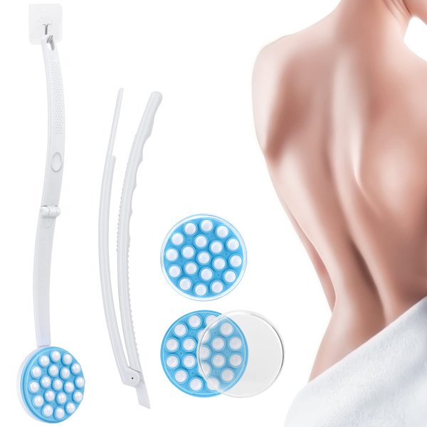 Upgrade Body Lotion Applicator, Oil Cream Applicator Massager Shower Scrubber with 19 Massaging Rollers and Foldable Long Handle, Shower Brush Set Back Oil Cream Applicator for Woman Men
