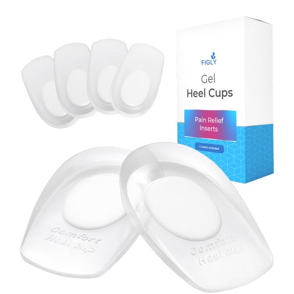 Figly Heel Cushions for Heel Pain Relief (4 Pack) - Heel Spur Relief Products Heel Pads Heel Inserts Women Gel Heel Cups Heel Pain Men Heel Cups Plantar Fasciitis, Heel Supports Heel Pain Shoe