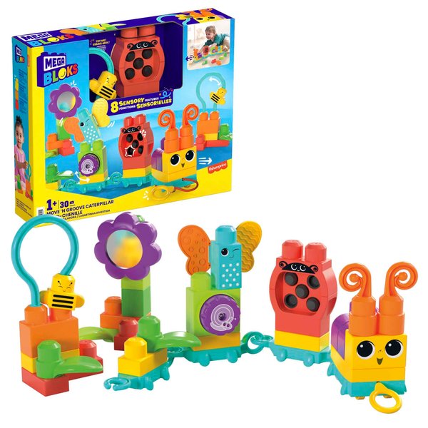Mega BLOKS Fisher-Price Toddler Building Blocks Toy Set, Move ‘n Groove Caterpillar Train with 24 Pieces, Ages 1+ Years