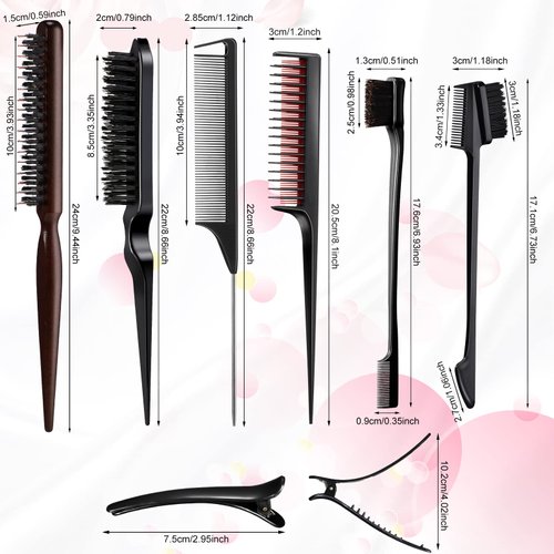 12 Pieces Black Hair Brush Set for Stylists: Teasing Brush, Edge Brush, Rat Tail Comb, Double-Sided Nylon Boar Bristle Brush, 3 Row Duckbill Clips for Salon Hair Styling and Sectioning