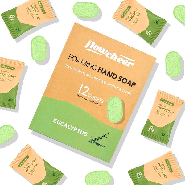 flowcheer Foaming Hand Soap Tablet Refills-12 Pack Zero Waste Eucalyptus Scent Hand Wash Tablets-Makes 12x 8 fl oz Bottles of Soap(96fl oz of Liquid)-Eco Friendly Products&Cleaning Supplies