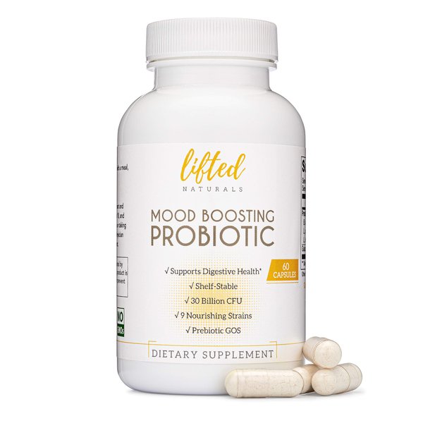 Lifted Naturals Mood Boosting Probiotic 30 Billion CFU - Mood Support Supplement, Prebiotics and Probiotics for Women & Men, Acidophilus Lactobacillus Probiotic, Shelf Stable & Non-GMO, 60 Capsules