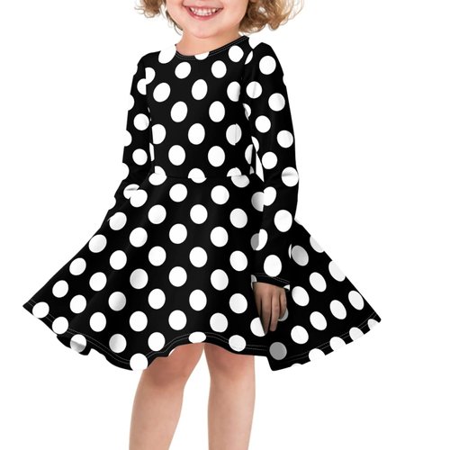 Long Sleeve Vintage Black Polka Dot Dress for Little Girls Swing Loose Fit Twirly A Line T Shirt Dress Size 5-6 Years Old Cute Casual Daily Holiday Party Twirly Skater Dress Novelty Princess Costume