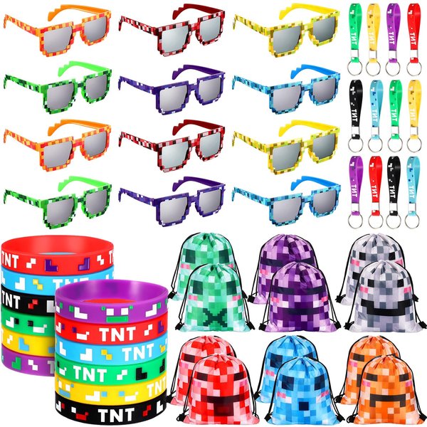 Tarpop 48 Pcs Pixel Miner Party Favors Pixelated Mining Birthday Party Supplies, Included 12 Miner Sunglasses, 12 Pixelated Theme Bracelet, 12 Pixelated Mining Keychains and 12 Pixel Mine Party Bag