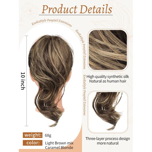 KooKaStyle claw clip in ponytail extensions 10" short fake ponytail natural synthetic hairpieces light brown mix caramel blonde for women daily use