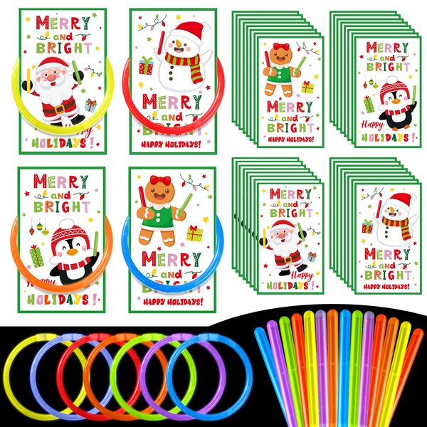 Pasimy 36 Set Christmas Glow Stick Bracelet Bulk Merry Christmas Cards Light up Bracelet for Christmas Exchange Gifts Classroom School Xmas Glow in the Dark Party Favor Supplies