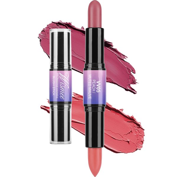 Wismee Dual-Ended Cream Blush Stick,Cream Blush Makeup Stick,Buildable Blush Stick for Cheeks Long Wearing,Easy Application,Lightweight Multi Stick,Plum & Peach