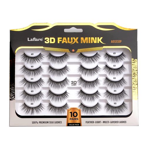 Laflare Silk Lashes 3D Faux Mink Eyelashes Multipack, Light, Natural Looking, Professional Easy to Apply Eyelashes in a Knitted Style 10 Pairs Jumbo Pack (A01X10P)