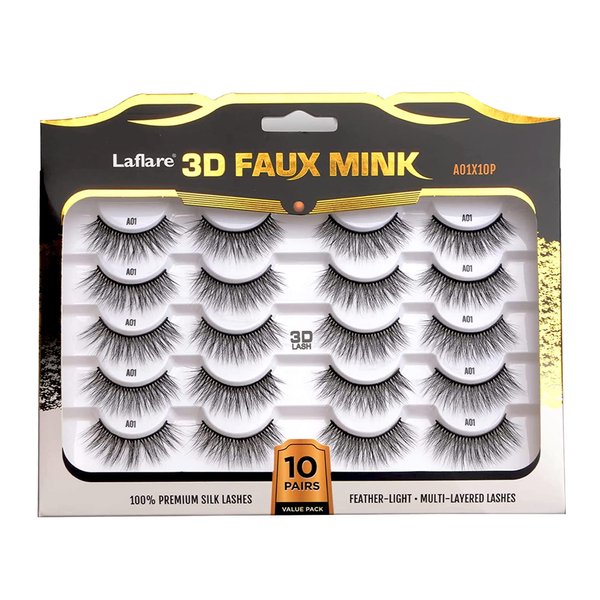 Laflare Silk Lashes 3D Faux Mink Eyelashes Multipack, Light, Natural Looking, Professional Easy to Apply Eyelashes in a Knitted Style 10 Pairs Jumbo Pack (A01X10P)