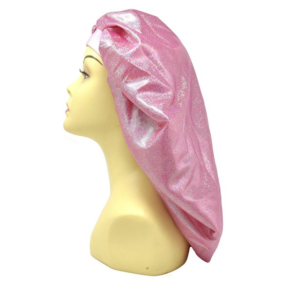 Holographic Extra Jumbo Nightcap Twinkle Deluxe Luxury Wide Band Sleep Cap Bonnet Hat for Hair Pink