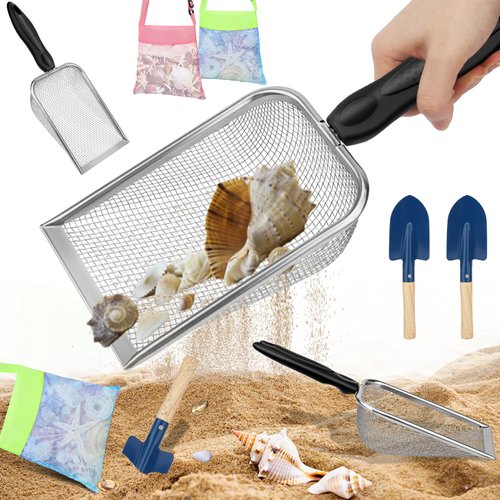 Mototo 6 Pack Beach Toys with 2 Beach Mesh Shovel 2 Seashell Bag 2 Small Shovel Shark Tooth Sifter Seashell Collecting Bags for Kit Adults Picking Up Shells Sand Sifters Sand Toys (6 PCS)
