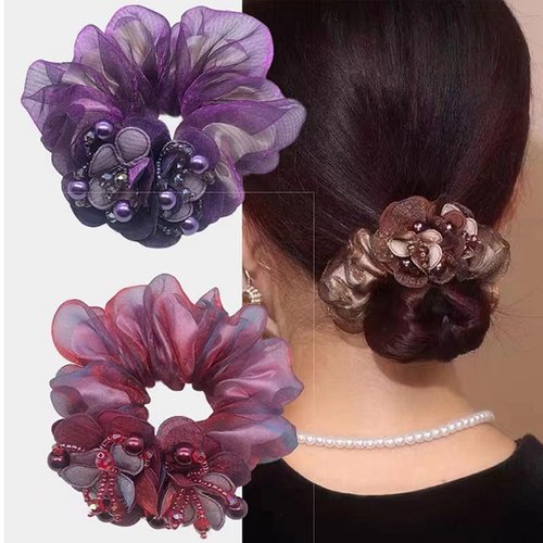 AsggBah 3pcs Premium Hair Elastic Scrunchies with Flower & Pearl Deco Elegant Hair Ties Hair Band Hair Accessory for Ponytail Hairball (Red+Purple+Brown)