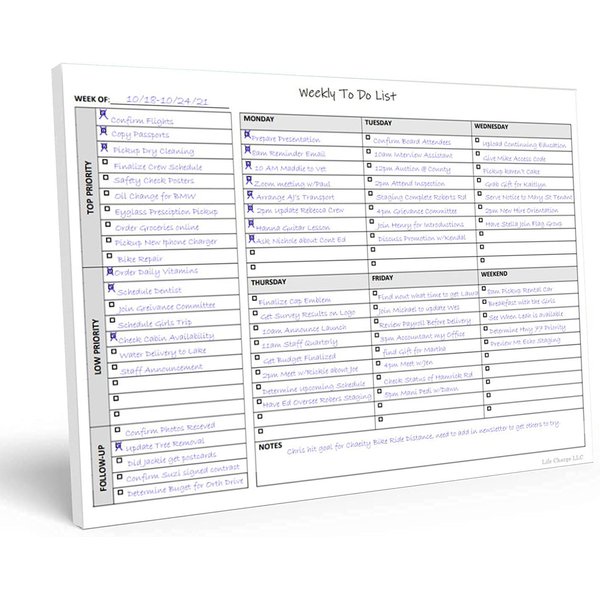 Weekly TO DO List Notepad, 50 Page Task Planning Pad w/Daily Checklist, Priority ToDo Checkbox & Note Sections. Desk Notebook Pad to Organize Office. 11 X 8.5, A4 Sheets.