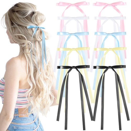 TOKUFAGU 10PCS Hair Bows for Women Clips,Long Tail Ribbon Hair Bow Clips Barrettes Tassel Ribbon Bowknot Ponytail Solid Satin Accessories for Women Girls (10 long 5 color)