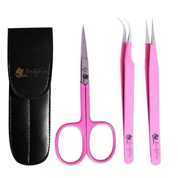 BeautyPros Lash Tweezers for Eyelash Extensions -Tweezer Set Straight & Curved Tweezers With Eyebrows Scissor - 3 Pieces Lash Extension Kit Stainless Steel (Pink)