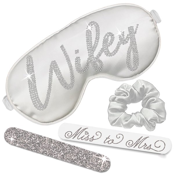 Bachelorette Party Favors for Bride - Set Includes: (1) Real Crystal Rhinestone Wifey White Sleep Mask, (2) Silver Miss to Mrs Nail Files, & (1) White Scrunchie - Wedding Survival Kit Fillers