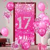 Pink 17th Birthday Decorations for Girls Boys Pink Happy 17th Birthday Door Cover Banner & 18Pcs Happy 17th Birthday Balloons Decorations for Hot Pink 17th Birthday Anniversary Party Supplies