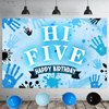 Hi Five Birthday Party Decorations Boy, Blue 5th Birthday Decorations Backdrop Cake Cupcake Topper Blue Black Balloon Number 5 High Five Foil Balloon for Boy 5 Year Old Birthday Party