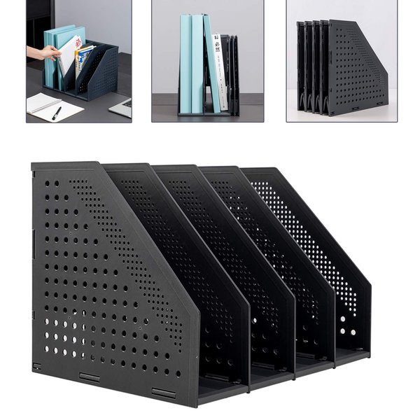 Leven/Deli High Impact Polystyrene Collapsible Magazine File Holder/Desk Organizer for Office Organization and Storage with 4 Vertical Compartments Dark Gray