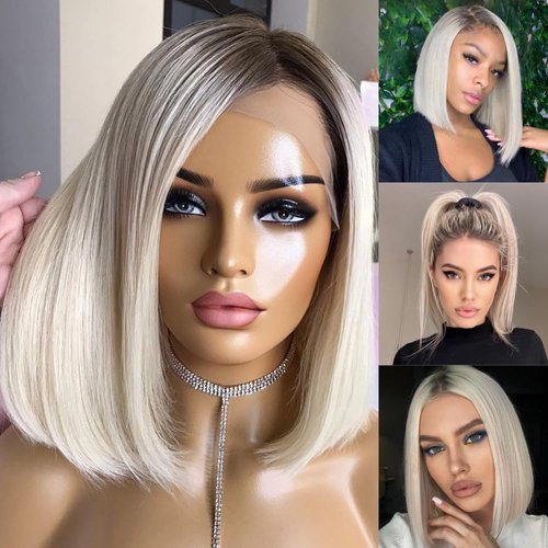 21AE Ombre Platinum Blonde Wig Human Hair with Dark Roots, Glueless Bob Lace Front Wigs Human Hair Pre plucked, Ash Blonde Wigs for White Women,10 Inch Straight HD 13x4 Lace Frontal 150% Density