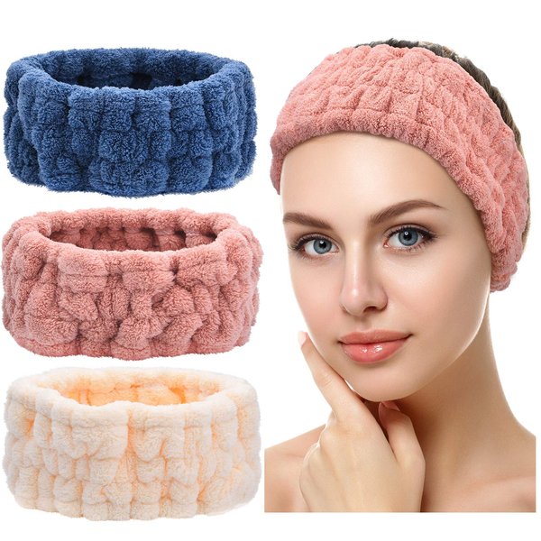 Chuangdi 3 Pieces Spa Facial Headband for Makeup and Washing Face Terry Cloth Hairband Yoga Sports Shower Facial Elastic Head Band Wrap for Girls and Women (Dark Pink, Dark Blue, Milky-White)