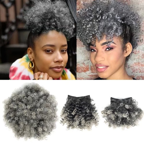 UAmy hair Afro Puff Drawstring Ponytail with Replaceable Bangs Gray Afro High Puff Bun with 2 Bangs Short Afro Curly Hair Bun Clip in Hairpieces Pineapple Ponytail with Bangs
