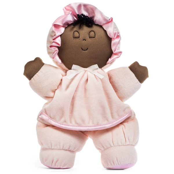 Genius Baby Toys Black Baby Doll, African American Baby Doll, Brown Baby Doll, Plush Baby Doll with Pink Dress in Puffalump Style, No Hard Parts, Made for Cuddles and Snuggles, 11" Tall