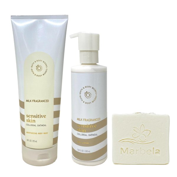 Bath & Body Works Sensitive Skin Milk Fragranced 2 Piece Bundle with a Natural Oats Soap - Moisturizing Body Wash and Body Lotion - Full Size