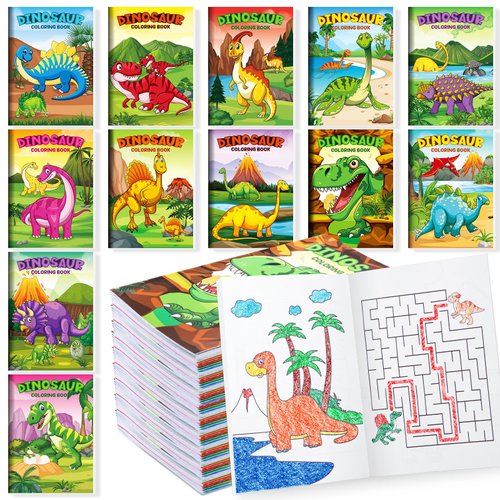 BenLouis 12 Pcs Dinosaur Mini Coloring Books Party Favors Dino Birthday Decor Bulk For Kids Boy Girl Dinosaur Jurassic Party Goodie Bag Gift Stuffer School Classroom Activity Supplies