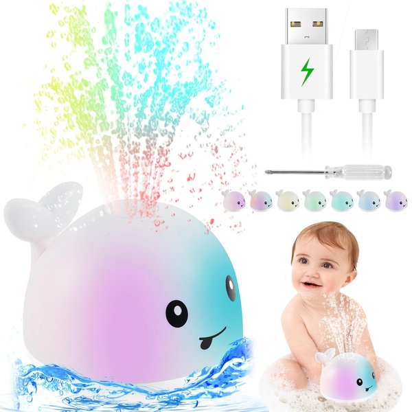 Whale Baby Bath Toys, Rechargeable - 1200mah, Funny Water Squirting Whale, Light Up Bath Toys, Bathtub Toys for Toddlers, Bathroom Pool Toys for Kids Gifts(White)