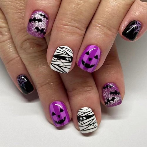 Halloween Press on Nails Short Square Fake Nails with Ghost Bat Mummy Spider Web Design Glitter Purple Nails Press ons Cute Acrylic Nails Full Cover Glossy Glue on Nails for Women and Girls 24 Pcs