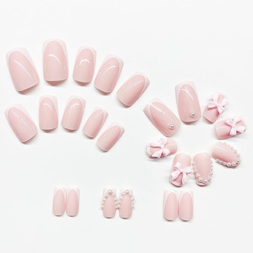 Pink French Tip Press on Nails Short Medium Square Fake Nails Thick Full Cover Glue on Nails Cute Pearl Bow Designs Natural Fit False Nails Stick on Nails for Women Girls Acrylic Manicure Salon 24Pcs