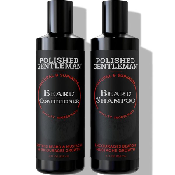 Polished Gentleman Beard Shampoo and Conditioner Set - Refreshing Beard Moisturizer & Mustache Softener - Beard Thickener with Tea Tree & Growth Oil - Paraben-Free & Sulfate-Free - Made by USA (4Oz)