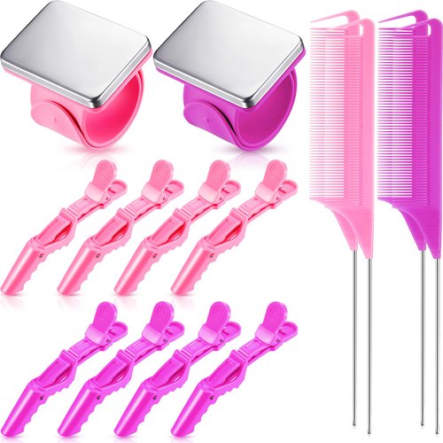 14 Pcs Hair Braiding Tool 2 Pieces Magnetic Pin Wristbandand 4 Pcs Braiding Comb for Parting with 8 Pcs Wide Teeth Alligator Sectioning Hair Clip for Hair Braid Tool Braid Maker (Purple, Pink)