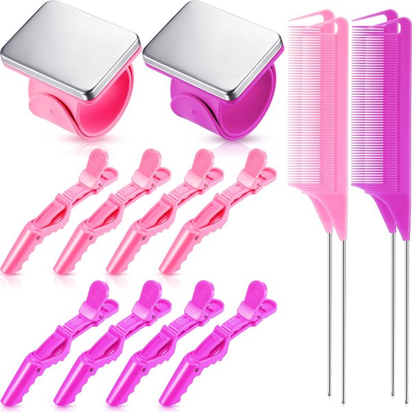 14 Pcs Hair Braiding Tool 2 Pieces Magnetic Pin Wristbandand 4 Pcs Braiding Comb for Parting with 8 Pcs Wide Teeth Alligator Sectioning Hair Clip for Hair Braid Tool Braid Maker (Purple, Pink)