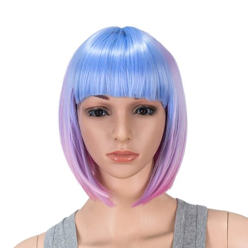 SWACC 10 Inch Blue Pink Ombre Multi-Colored Short Straight Bob Wig with Bangs Synthetic Colorful Cosplay Daily Party Flapper Wig for Women with Wig Cap