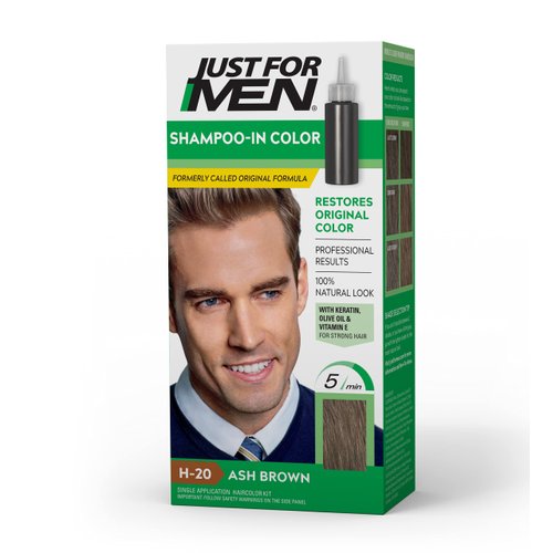 Just For Men Shampoo-In Color (Formerly Original Formula), Mens Hair Color with Keratin and Vitamin E for Stronger Hair - Ash Brown, H-20, Pack of 1