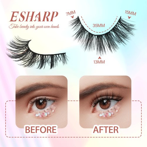 Fake Eyelashes Natural Wispy Cat Eye Lashes 3D Fluffy Faux Mink Lashes 15MM Lightness Comfortable Strip Lashes Pack by ESHARP,5 Pairs
