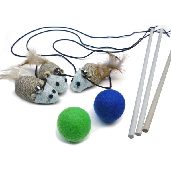 Earthtone Solutions Cat Teaser Wand Toys - Plus 2 Wool Felt Ball Toys, Sisal Mice with Bell, Feather, Elastic String, Sturdy Wood Stick, Interactive Fun, Cat Kitten Catcher Mouse Cat Toy