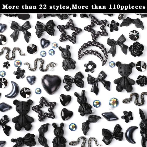 COOSLIM 110 Pieces 3D Bow Nail Charms for Acrylic Nails, Rose Flower Butterfly Bowknot Heart Bear Rabbit Star Bows Charms for Nail Art Accessories Craft(Black+2)