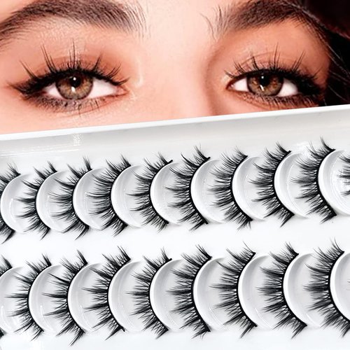 Hercks Manga Lashes Natural Lashes Wispy Lashes Natural Look, Faux Mink Lashes Fluffy False Eyelashes, 10 Pairs 12mm Short Light Volume Fake Eye Lashes Pack (08)
