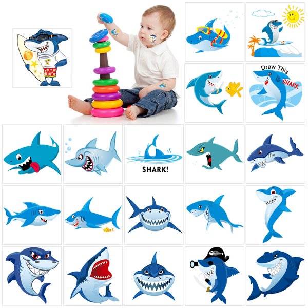 Shark Temporary Tattoos(100pcs),Konsait Shark Tattoo Body Stickers Costume Accessories for Ocean Sea Shark Themed Baby Shower Birthday Party Favor Supplies Decor for Boy Girls Kids Party Bag Filler