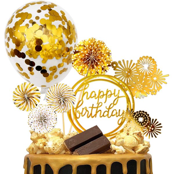 MOVINPE Gold Cake Topper Cake Decoration Happy Birthday Paper Fans Banner Confetti Balloon Fireworks Golden Cupcake Topper for Gold Theme Party Decor Girl Boy Kid Women Man