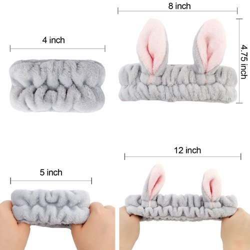 YISSION 6Pcs Face Wash Headbands and Wristbands Set Bunny Ears Headbands Spa Headband Makeup Headband Skincare Headbands with Wristbands for Women Girls Washing Face(Gray)