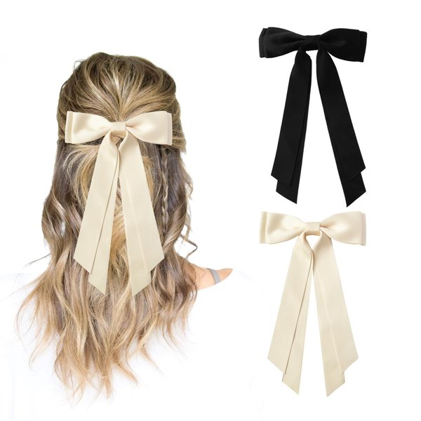 Black and Beige Hair Bows for Women - 2pcs Silky Satin Women Hair Bow Clips Ponytail Holders Hair Ribbon for Women Girls