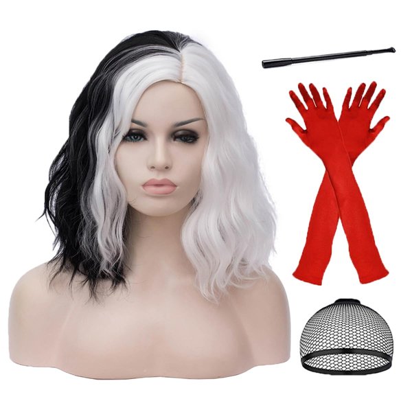 Mildiso Black White Wigs for Cruella Deville Costume Women Cruella Deville Wig with Gloves Short Curly Wavy Hair Wig with Wig Cap M126BW
