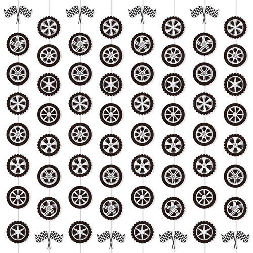 gisgfim 12 Packs Race Car Party Banners Wheel Tire Birthday Decorations Garland Kit Car Tyre Hanging Swirl Racing Car Paper Cutouts Banners Race Car Baby Shower Supplies for Kid Teen