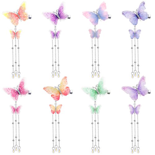 BBTO 8 Pcs Tassel Butterfly Hair Clips Organza Butterfly Hair Pins Cute Hanging Ear Butterfly Hair Accessories Bride Wedding Hair Barrettes Bobby Pins Accessory for Women Girls (Sweet Color)