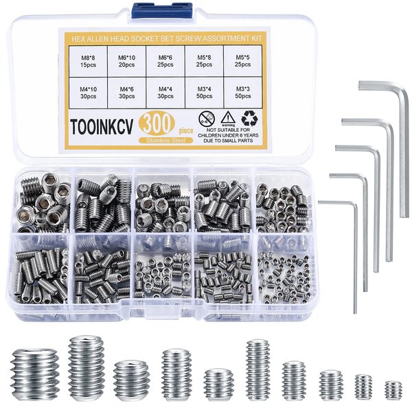 TOOINKCV 300 Pcs Stainless Steel Socket Head Screws Assortment Kit, Allen Head Socket Hex Head Screws, Metric M3 M4 M5 M6 M8 Grub Screws Set for Door Handles, Light Fixture